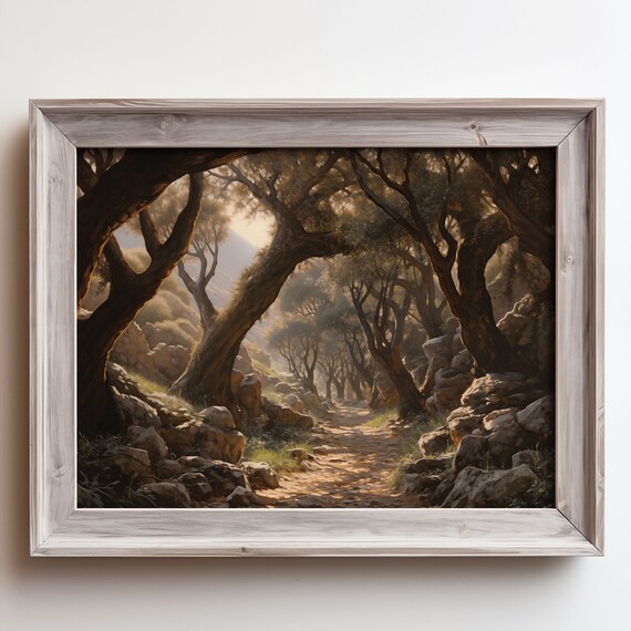 Ancient Twisted Oak Trees Sunlit Rocky Path Oil Painting Poster