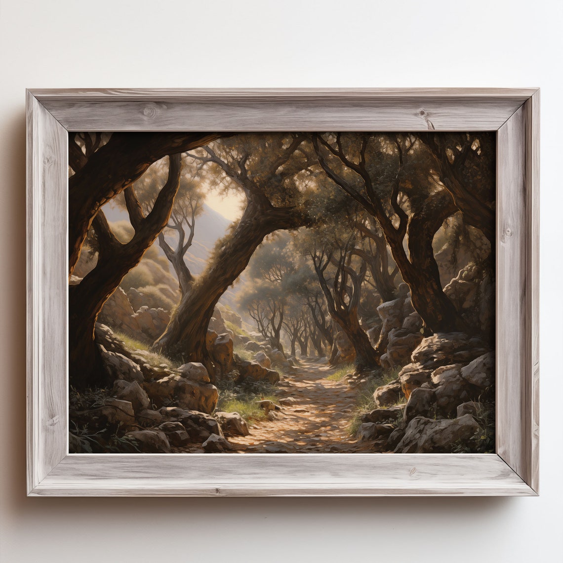 Ancient Twisted Oak Trees Sunlit Rocky Path Oil Painting Poster