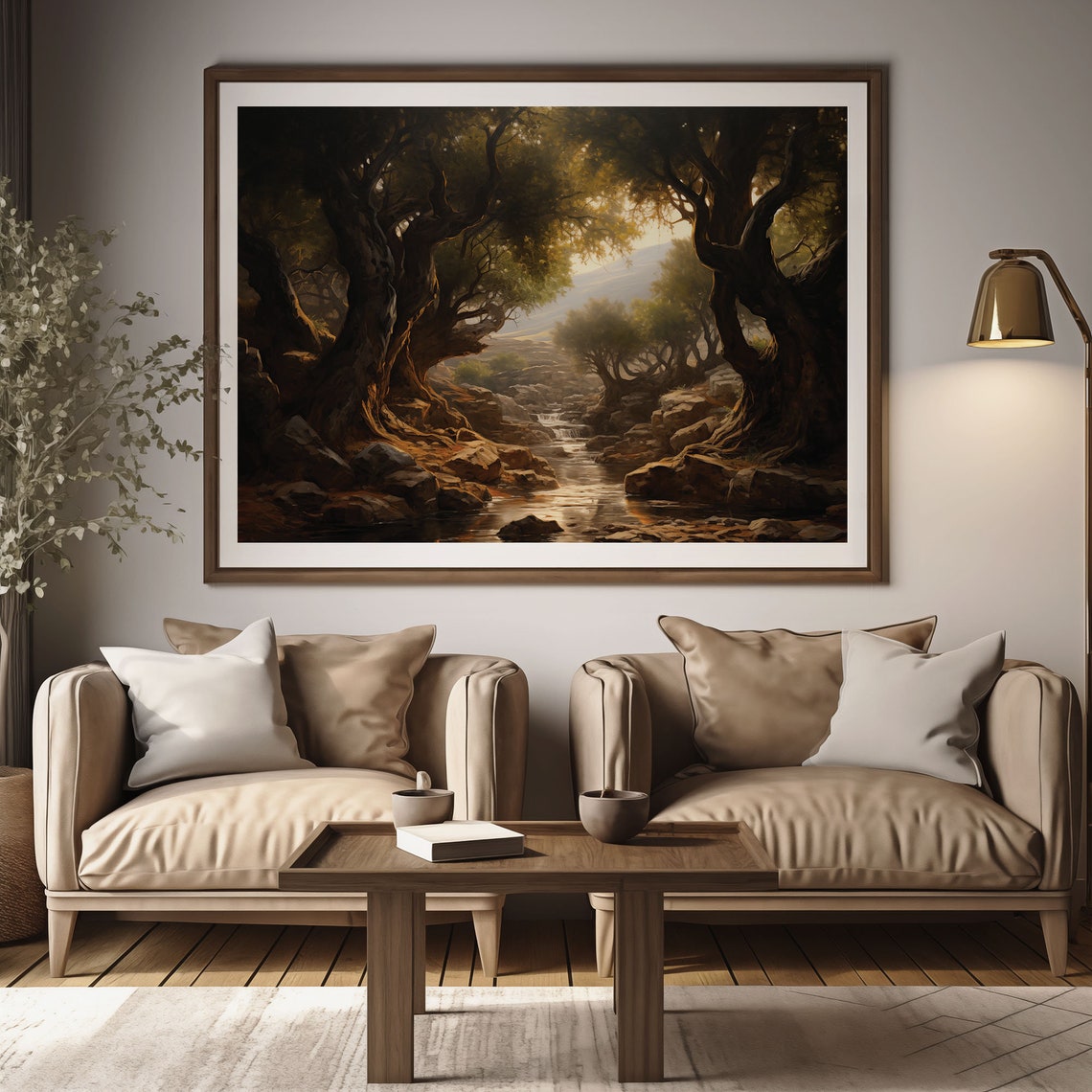 Golden Light On A Rocky Stream Under Ancient Oak Trees Vintage Poster - Image 2