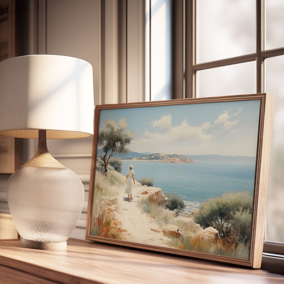 Woman Walking Seaside Path in White Dress Oil Painting Poster - Image 3