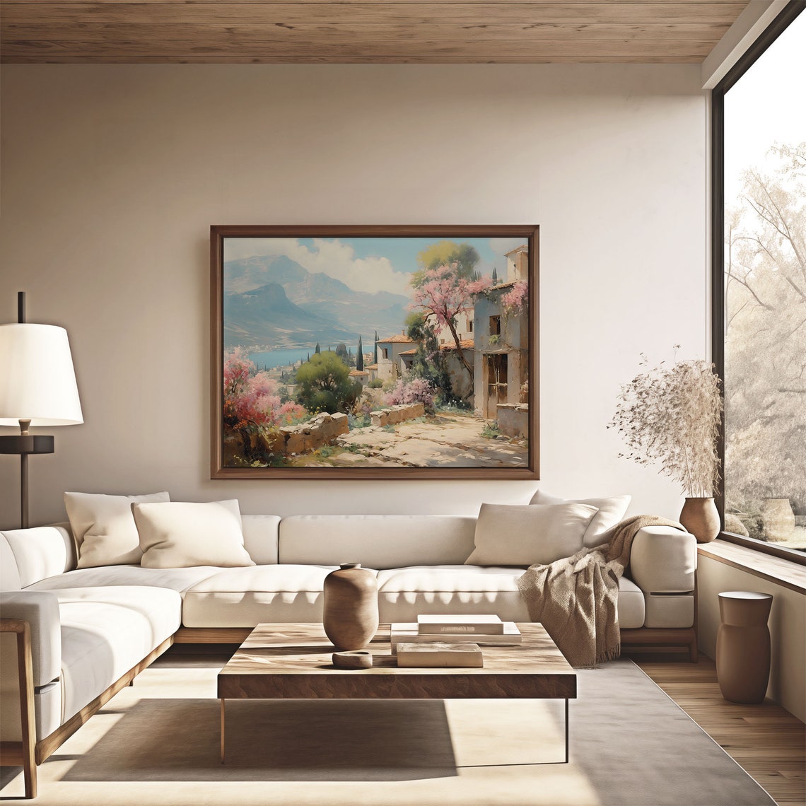 Spring Blossom Village with Mountain Lake Oil Painting Poster - Image 4