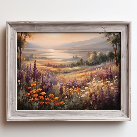 Sunset Wildflower Meadow River Valley Poppy Lupine Oil Painting Poster