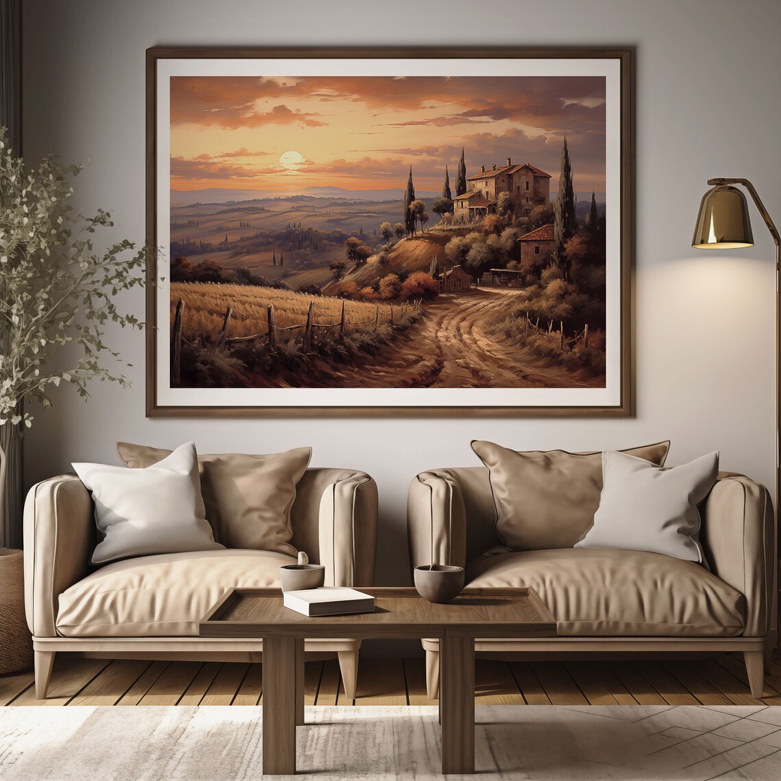 Tuscan Farmhouse Sunset Cypress Trees Golden Fields Oil Painting Poster - Image 2