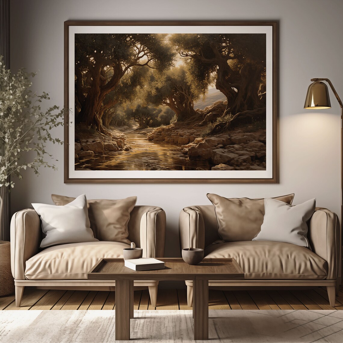Sunlit Rocky Stream Twisted Oak Grove Arching Trees Oil Painting Poster - Image 2