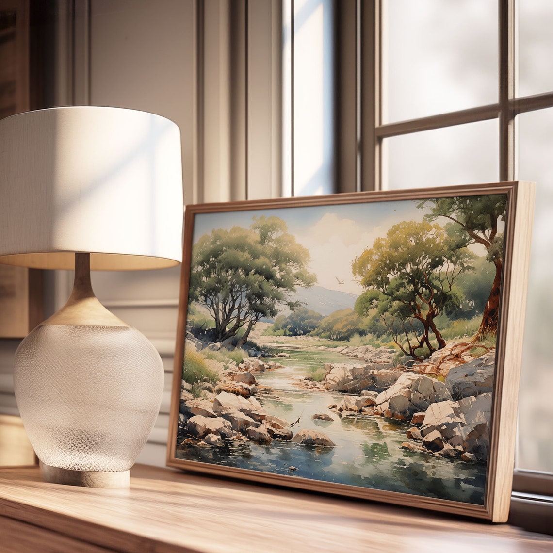 Serene Countryside Rocky River Stream Sunlit Trees Quiet Meadow Poster - Image 3
