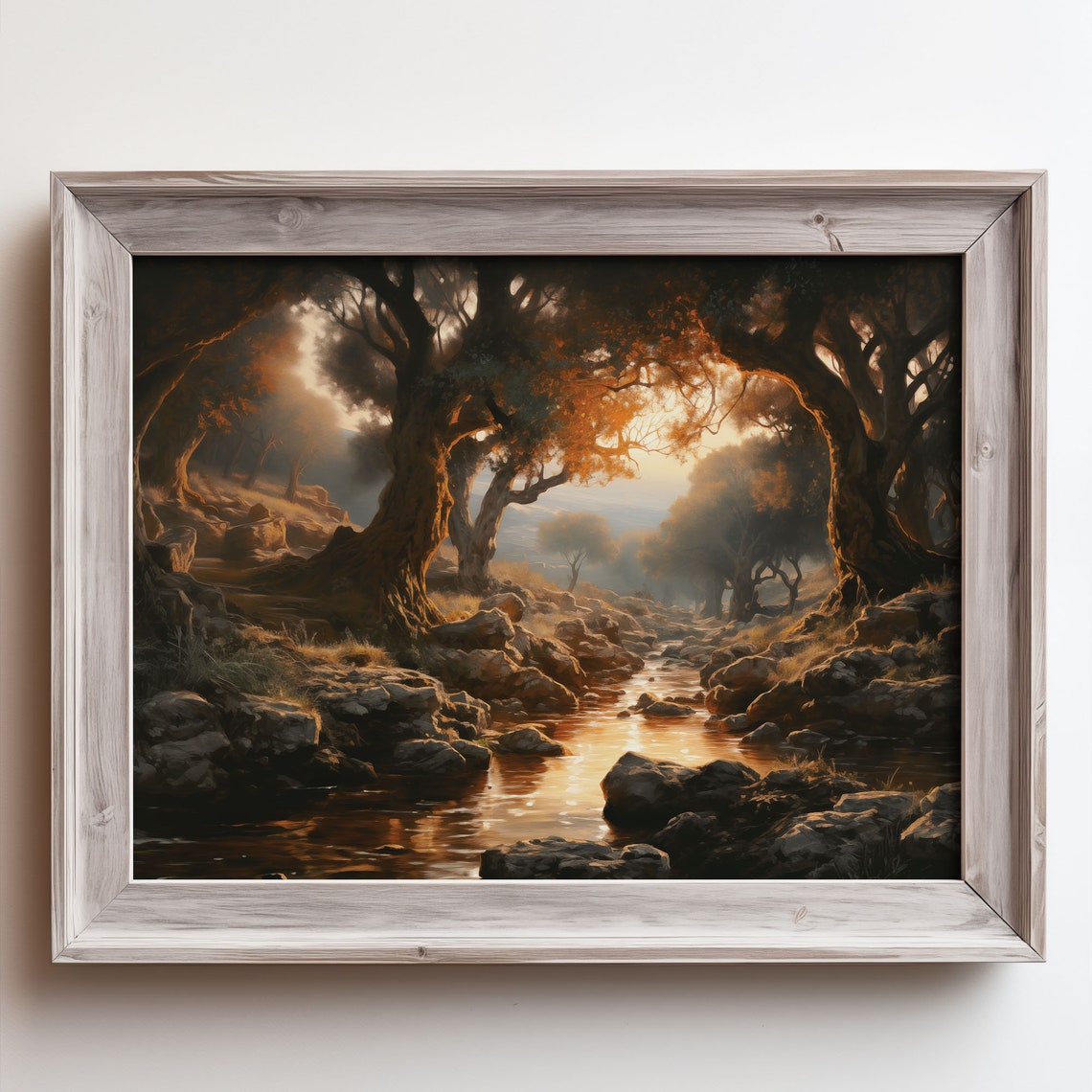 Golden Hour Creek Through Ancient Oak Trees Oil Painting Poster