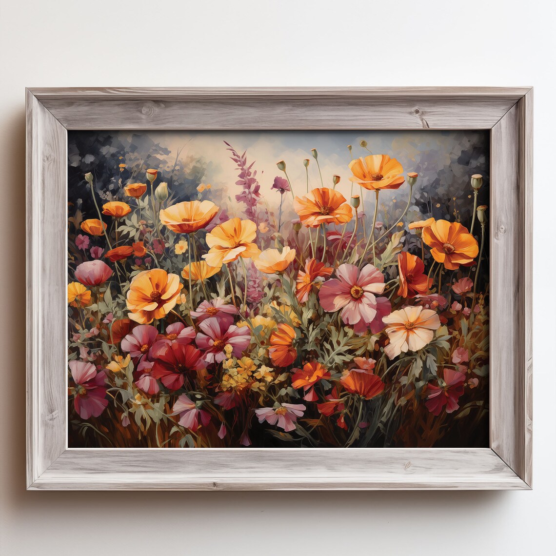 Orange Poppy Pink Cosmos Flower Close Up Oil Painting Poster