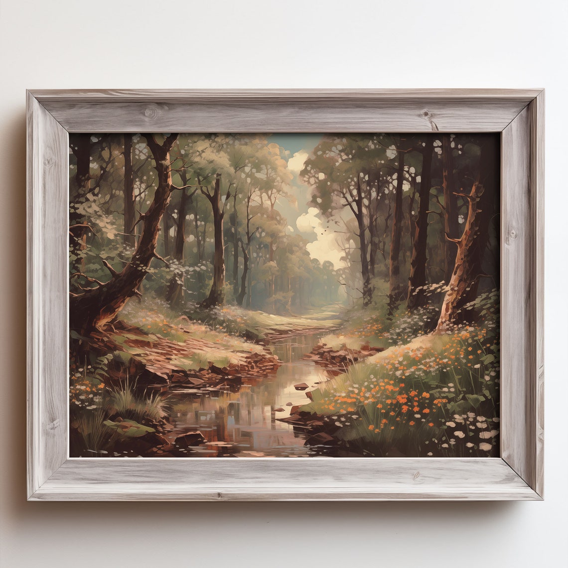 Woodland Stream With Wildflowers Dappled Sunlight Tall Trees Poster