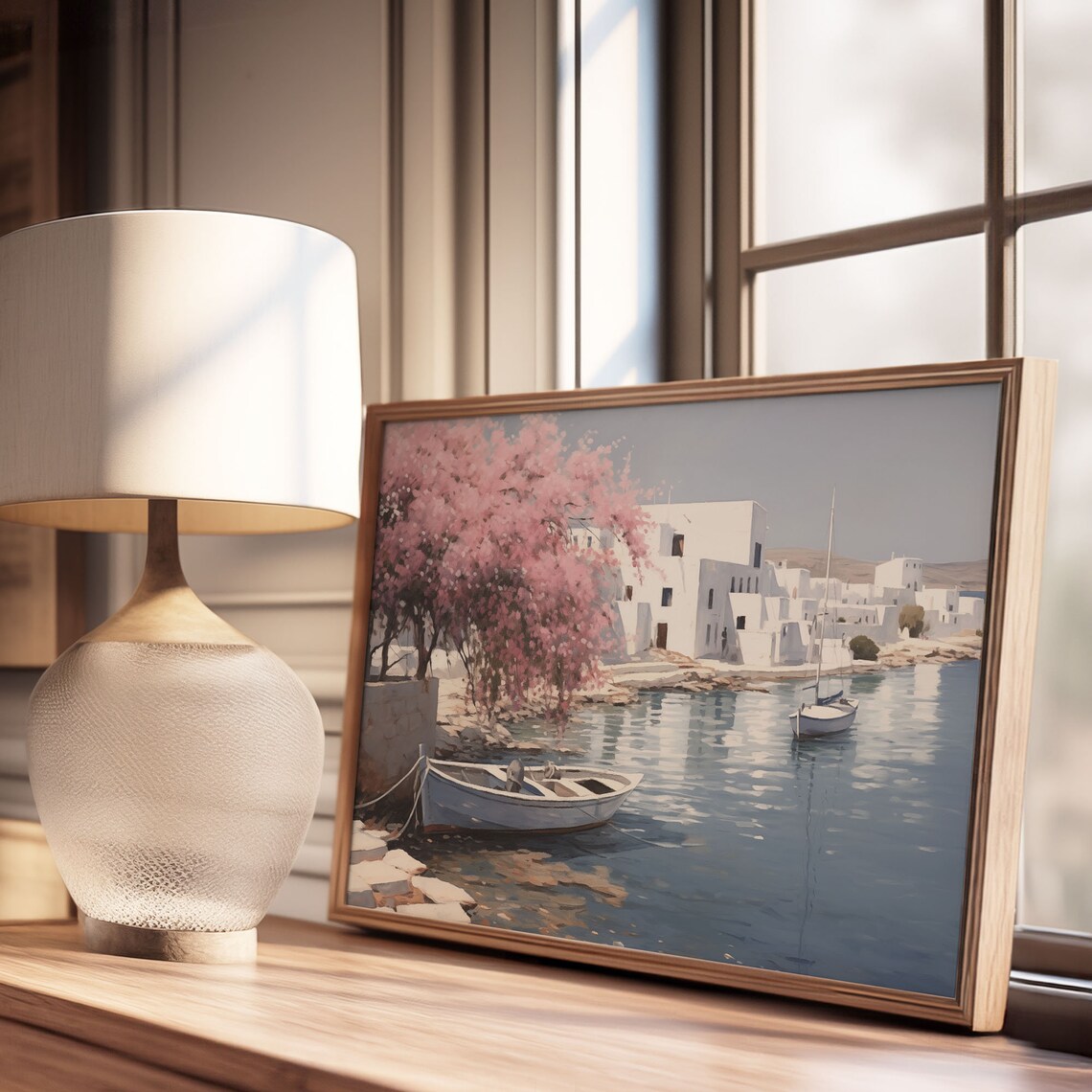 Greek Island Harbor White Buildings Bougainvillea Boats Oil Painting Poster - Image 3