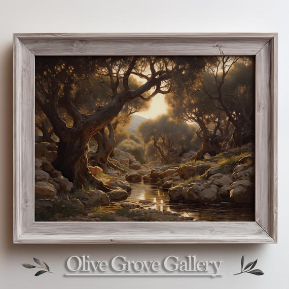 Serene Mediterranean Olive Grove Ancient Trees Forest Stream Landscape Tranquil Nature Wall Art Oil Painting Scenic Wall Decor