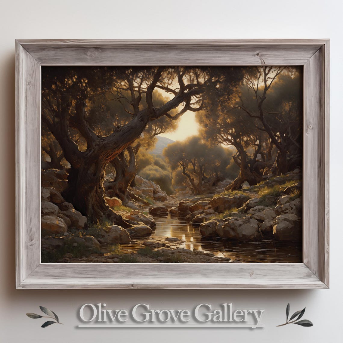 Ancient Olive Grove Painting Golden Forest Stream Sunset Poster