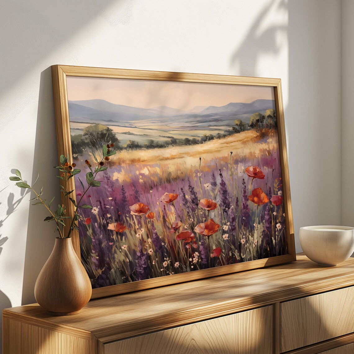 Red Poppy Purple Lavender Meadow Valley Sunset Oil Painting Poster - Image 4