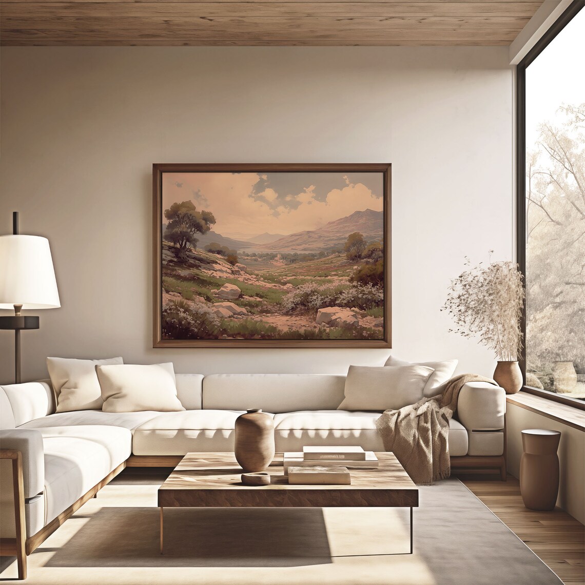 Rocky Valley with Wildflowers Under Golden Sky Oil Painting Poster - Image 4