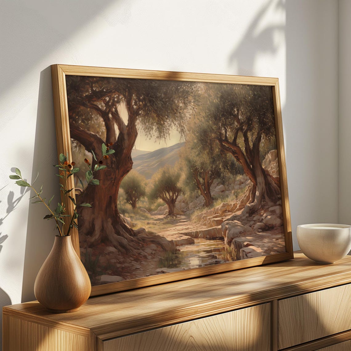 Olive Trees By Rocky Stream Golden Light Mediterranean Painting Poster - Image 3