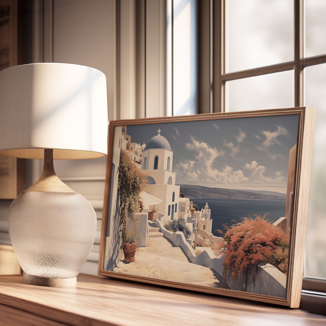 Greek Island Village Domed Church Sea View Oil Painting Poster - Image 3
