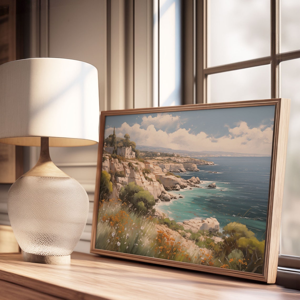 Rocky Turquoise Coastline Cliff Villa Wildflowers Oil Painting Poster - Image 3