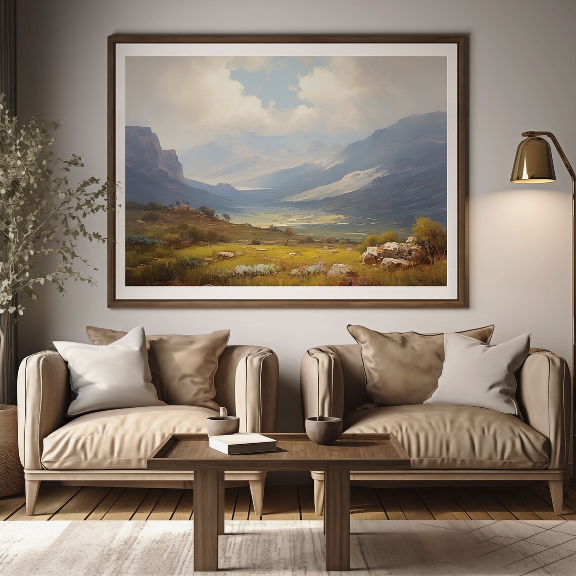 Misty Mountain Valley Painting Golden Meadow Rock Peaks Poster - Image 3