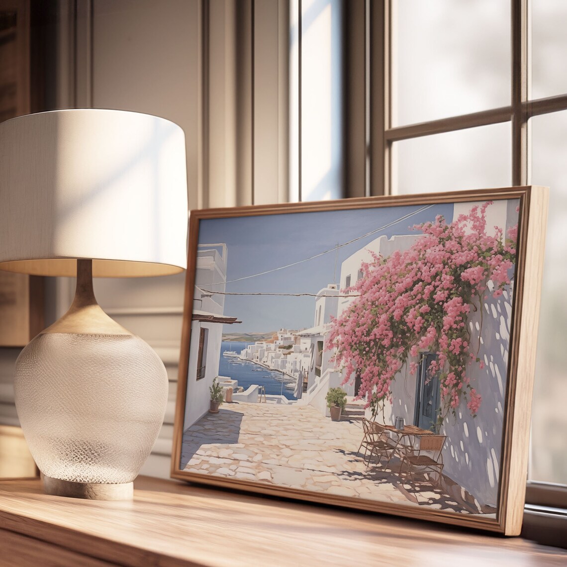 Greek Island Street With Pink Bougainvillea Harbor View Vintage Poster - Image 3