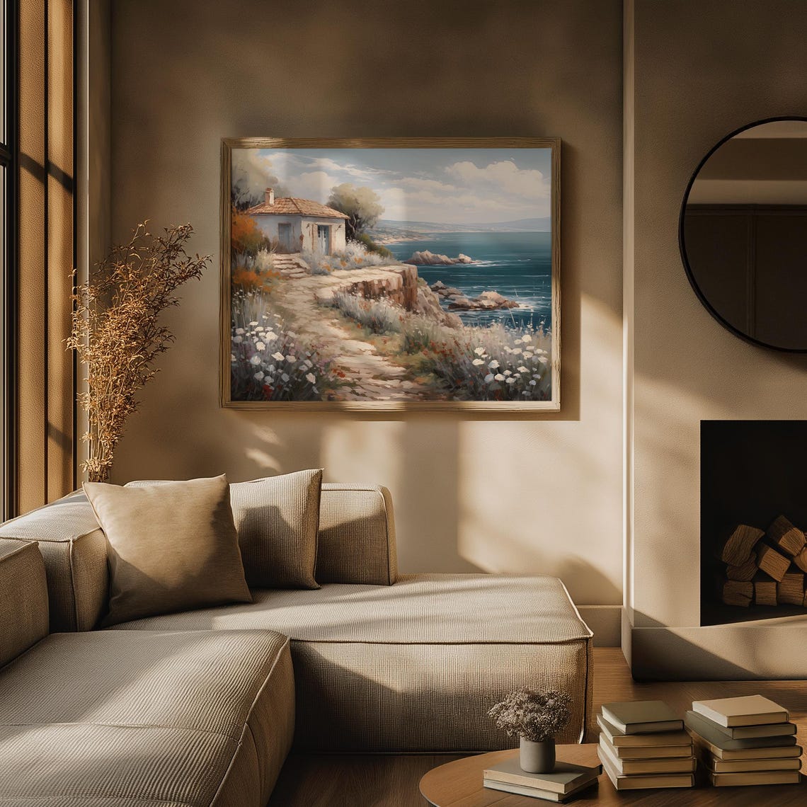 Whitewashed Coastal Cottage Cliff Stone Path Sea Oil Painting Poster - Image 3