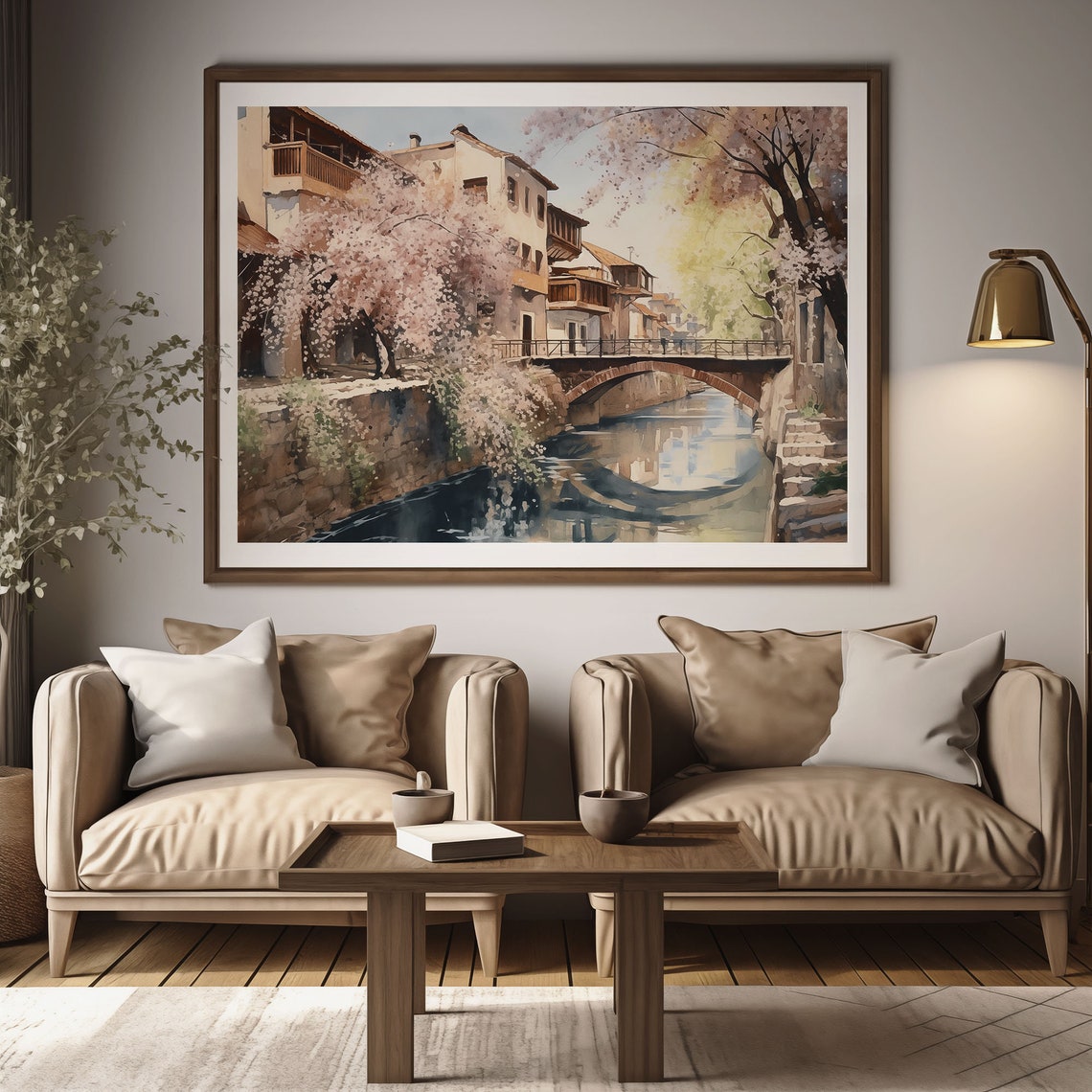 Springtime Stone Bridge Canal Old Town Cherry Blossom Scene Poster - Image 2