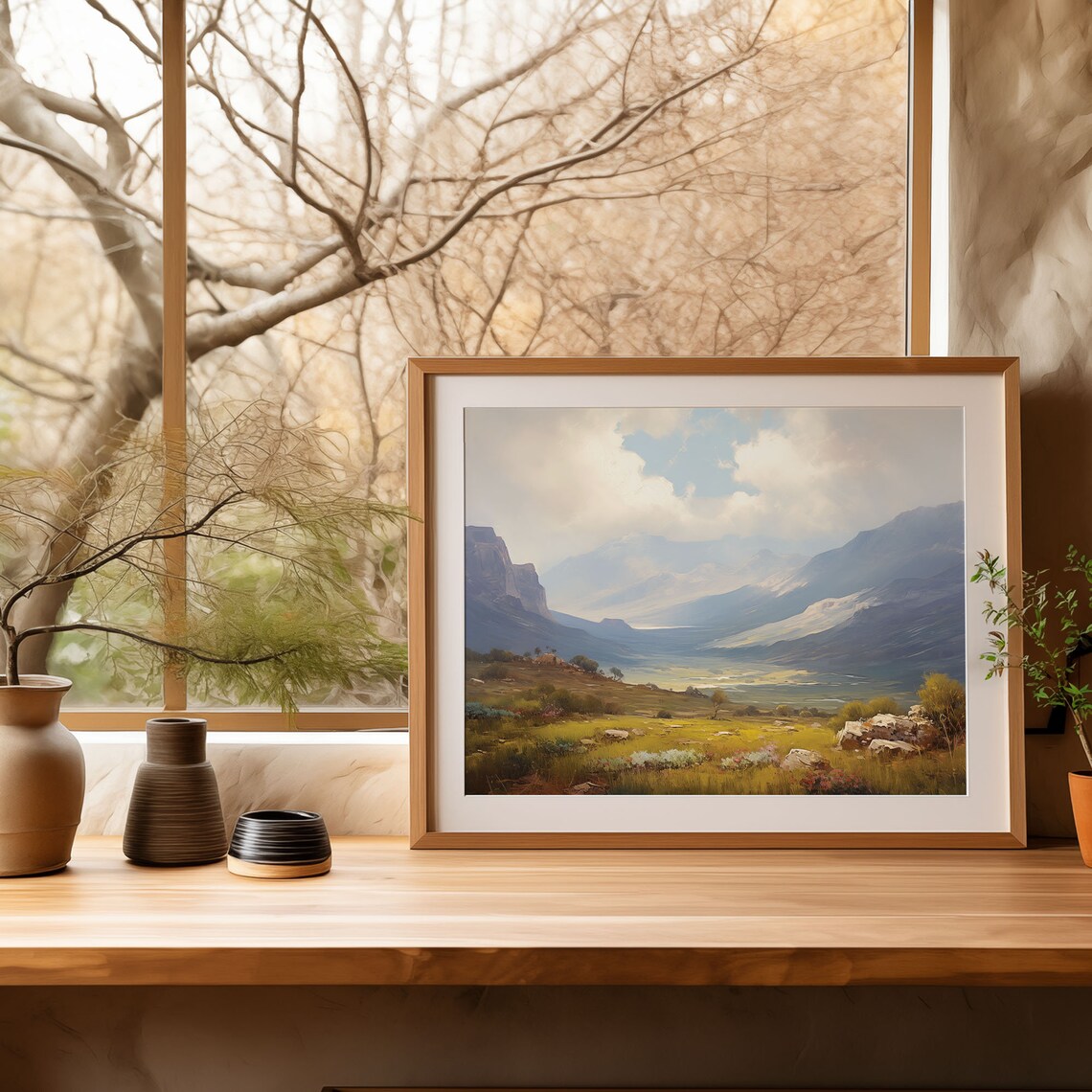 Misty Mountain Valley Painting Golden Meadow Rock Peaks Poster - Image 4