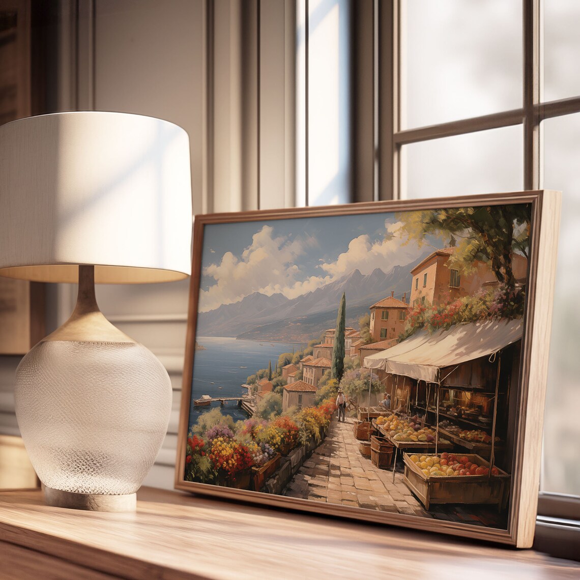 Lakeside Village Market Stalls and Boats Oil Painting Poster - Image 3
