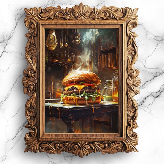 Cheeseburger Kitchen Wall Art Whimsical Dark Academia Eerie Oil Painting Style Food Illustration Fod17