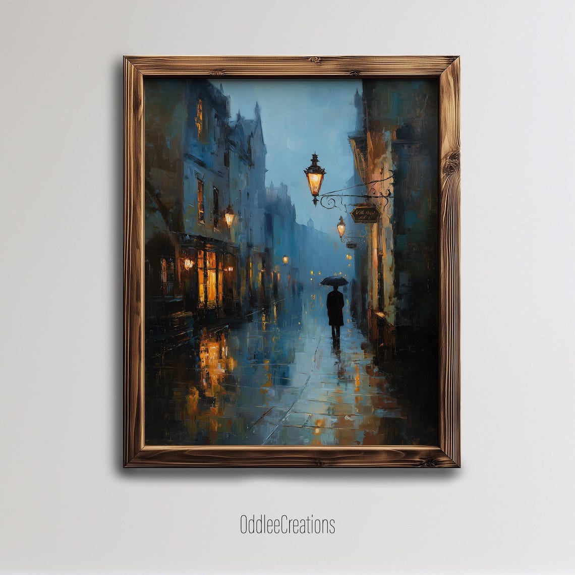 Rainy Victorian Cobblestone Street In Warm Lamplight Oil Art Poster