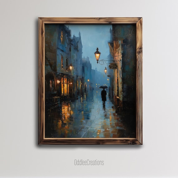 Rainy Victorian Cobblestone Street In Warm Lamplight Oil Art Poster