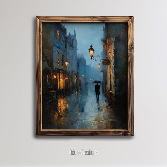 Victorian City Rain Scene Art Moody Cobblestone Street Wall Decor Gothic Urban Oil Painting Sce159