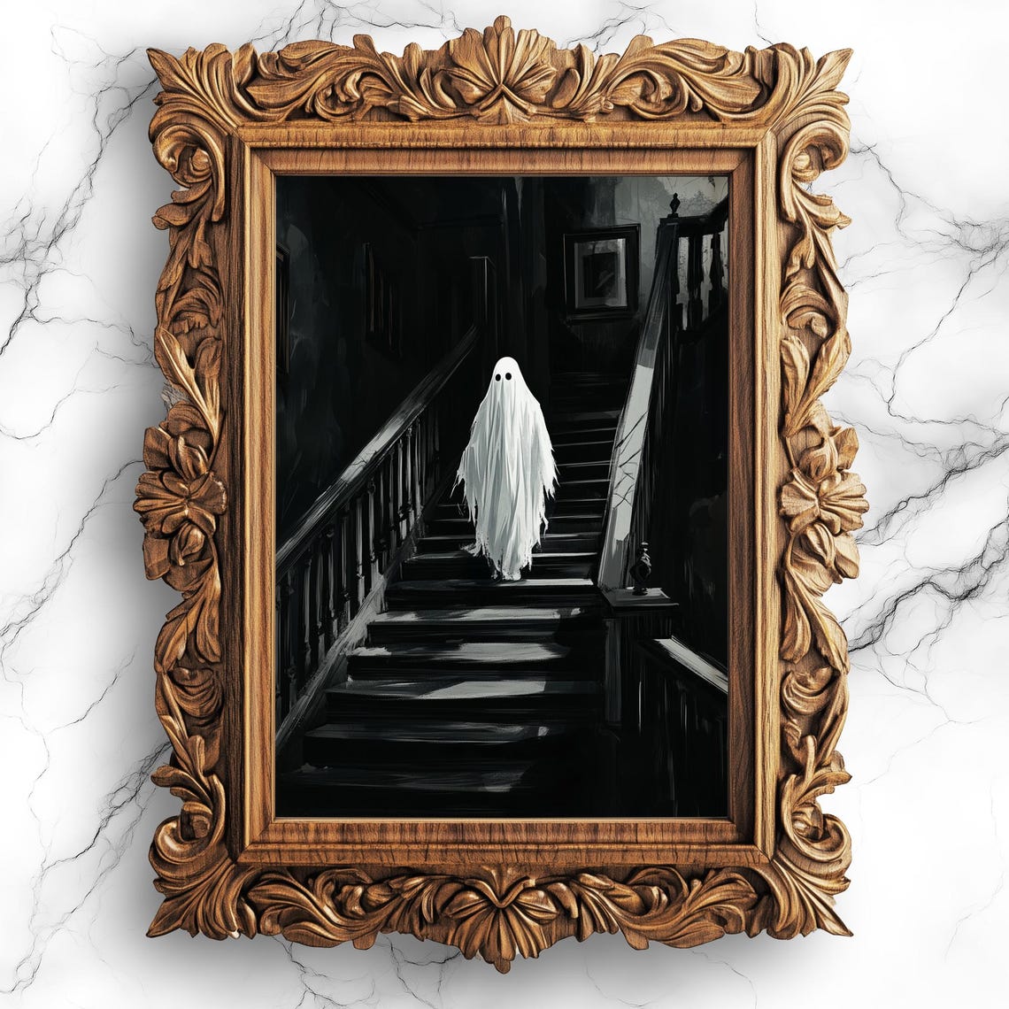 Ghost on Dark Staircase Haunted Halloween Oil Painting Poster