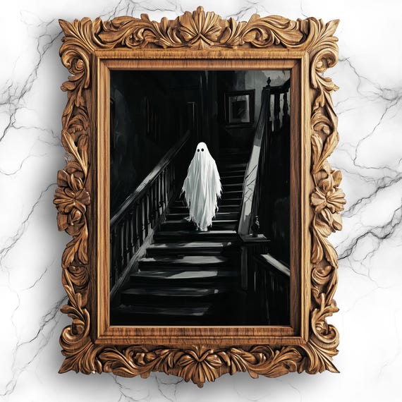 Haunted On Staircase Poster Eerie Paranormal Wall Art Print Ghostly Painting Halloween Home Decor Bbg23