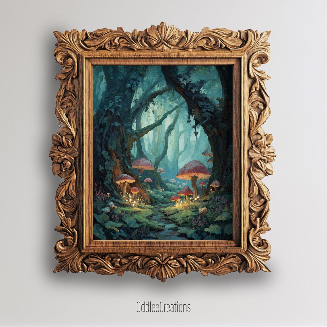 Whimsical Mushroom Forest Glowing Red Toadstools Misty Twilight Poster