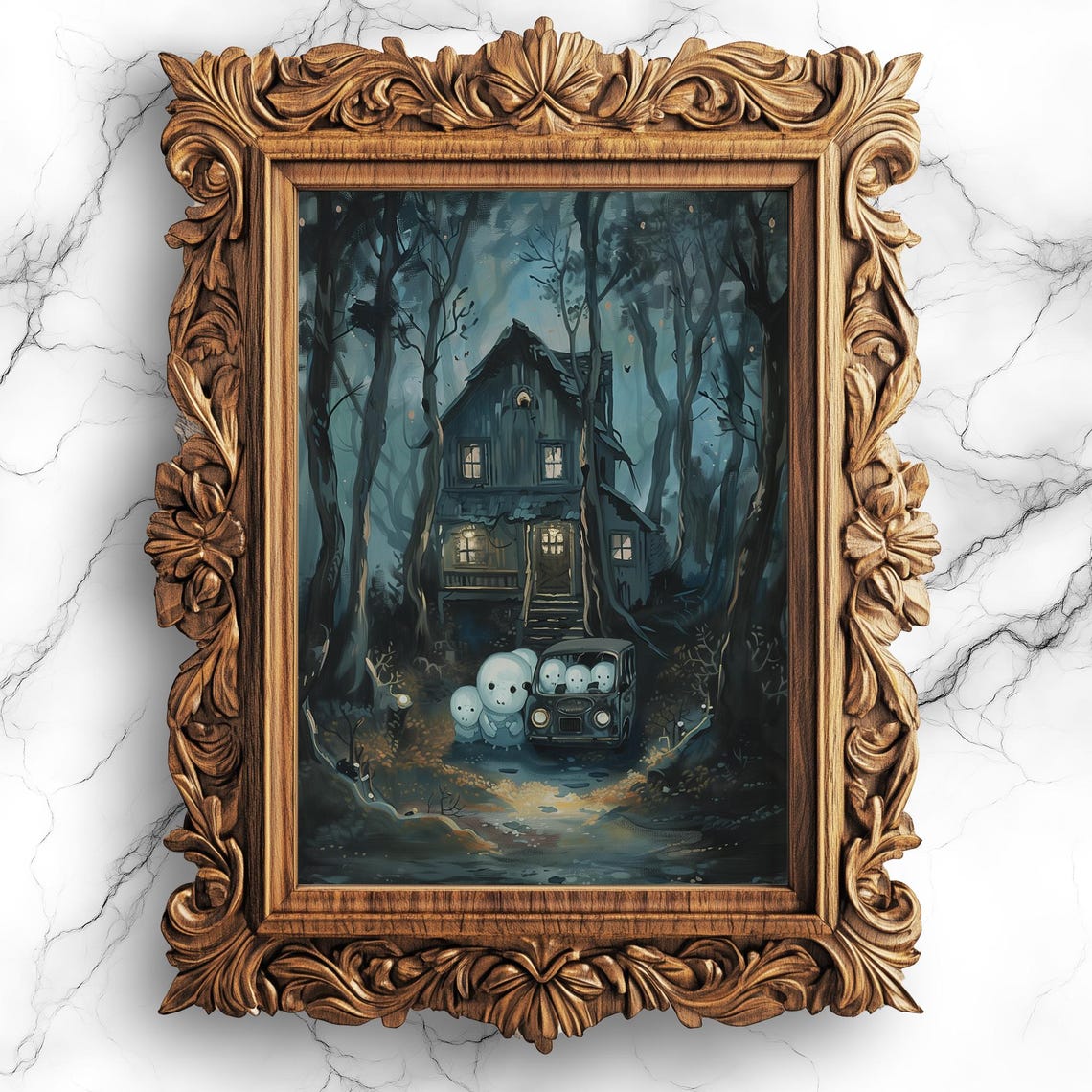 Whimsical Ghost Family Arriving At Spooky Haunted House Art Print