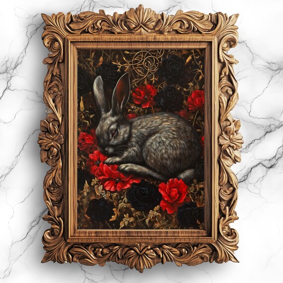 Sleeping Black Bunny Gothic Red Flowers Dark Fantasy Art Poster