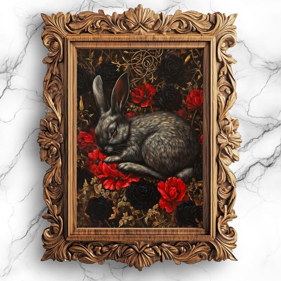 Sleeping Black Bunny On Bed Of Flowers Gothic Art For Dark Fantasy And Decor Ani22