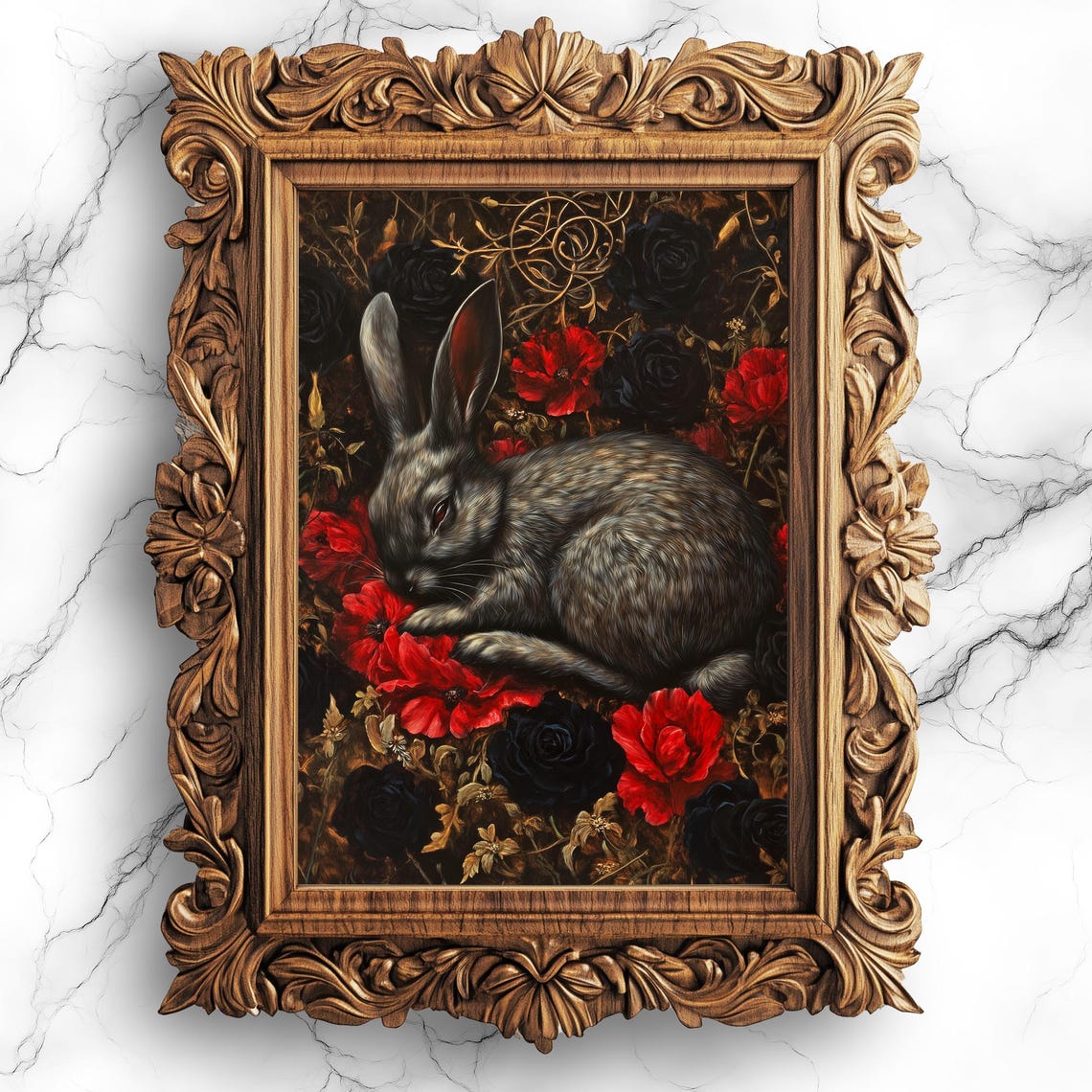 Sleeping Black Bunny Gothic Red Flowers Dark Fantasy Art Poster