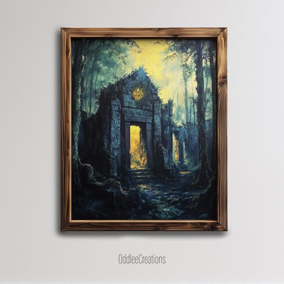 Dark Fantasy Enchanted Forest Wall Art Ruins Oil Painting Gothic Twilight Mystical Decor Sce145