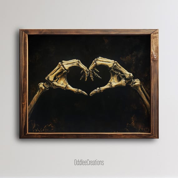 Gothic Skeleton Hands Forming Heart Dark Romantic Art Print Moody Skull Decor Oil Painting Prt91