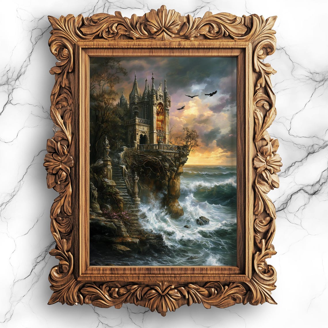 Gothic Castle Ocean Cliff Storm Waves Dark Fantasy Art Poster