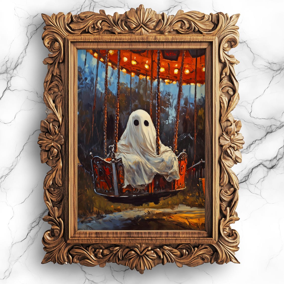 Cute Ghost on Night Carnival Swing Oil Painting Spooky Wall Art