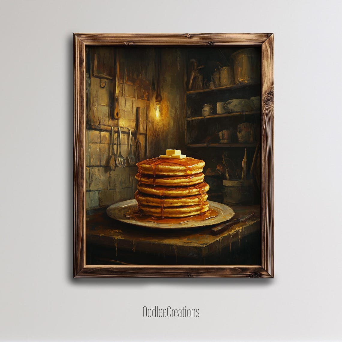 Stack of Maple Syrup Pancakes in a Rustic Kitchen Oil Painting Poster