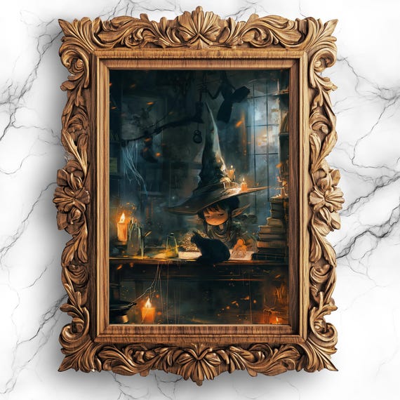 Charming Witch In Spooky Haunted House Fantasy Oil Painting Witchy Wall Decor Art Print Halloween Theme Wit3