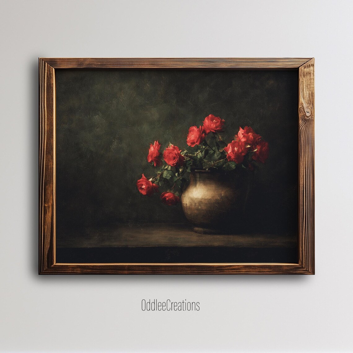 Red Roses in a Dark Vase Moody Vintage Oil Painting Floral Poster