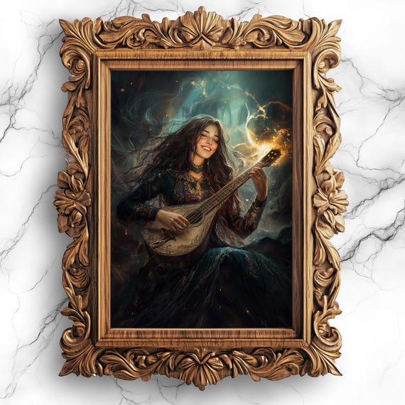 Magical Healer Bard Wall Art Fantasy Oil Painting With Whimsigoth Dark Academia Prt66