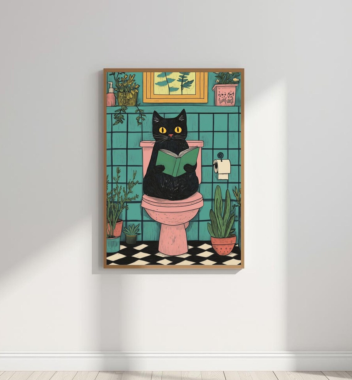 Funny Black Cat Reading Book On Pink Toilet Retro Bathroom Humor Poster