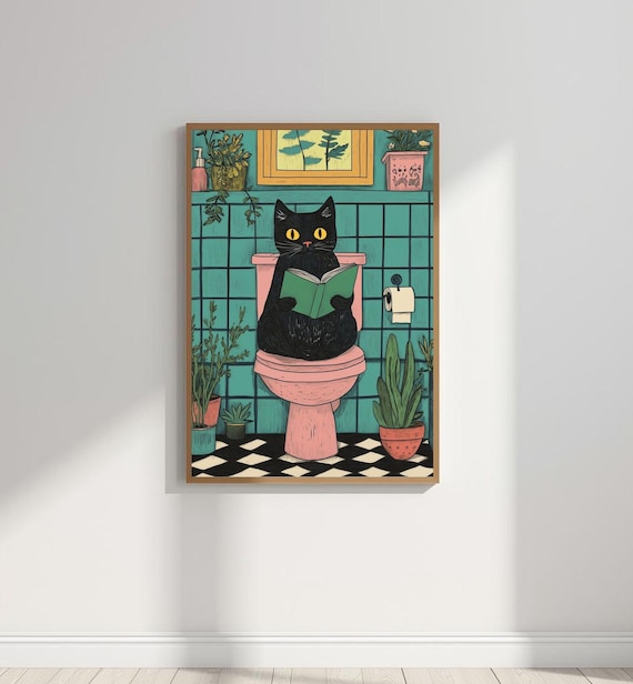 Funny Black Cat On Toilet Print Quirky Bathroom Poster Whimsical Animal Illustration