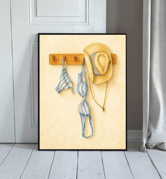 Coastal Wall Art Beach Hat Print Watercolor Summer Decor Seaside Poster House Boho