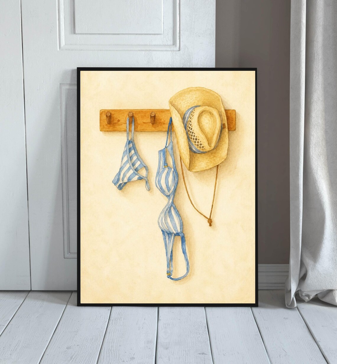 Beach Hat And Bikini Hanging Watercolor Summer Seaside Illustration Poster