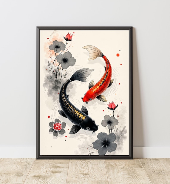 Koi Fish Wall Art Printable Japandi Decor Japanese Print Zen Feng Shui Yin Yang Poster